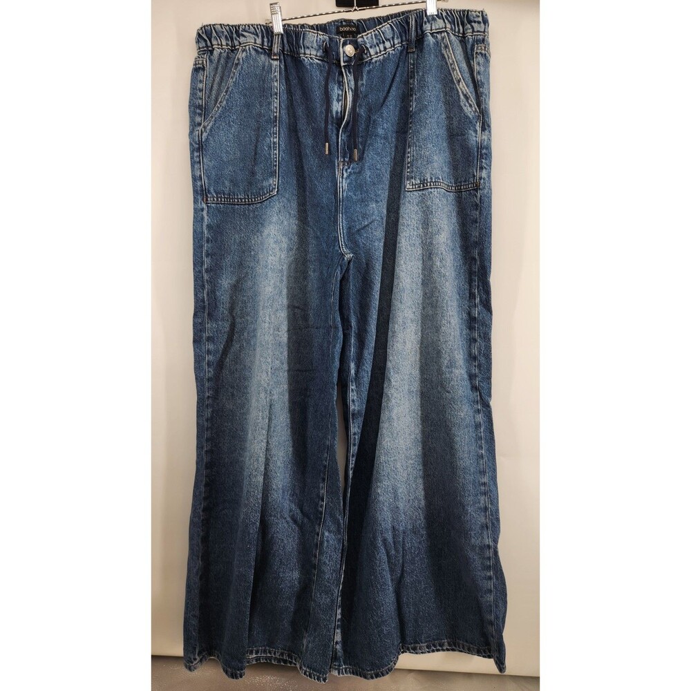 Boohoo Women's Size 22 Mid Blue Elastic‎ Waistband Wide Leg Jeans NWT Plus